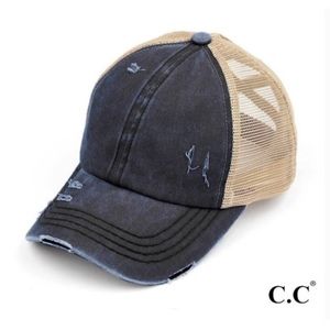 New Pony Tail Criss Cross Distressed Cap-Blue